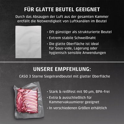Produktwerbung für glatte Beutel, ideal für Sous-vide und Lagerung, mit Empfehlung.