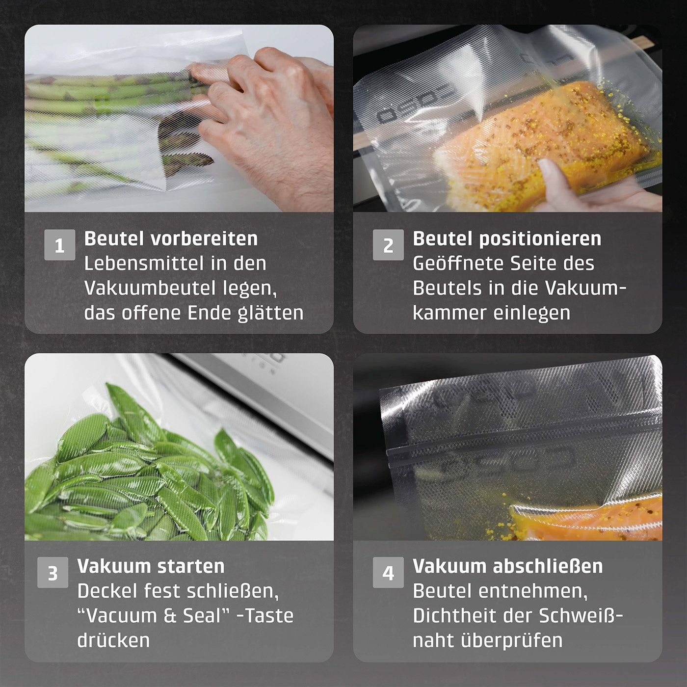 Vakuumierprozess: Beutel vorbereiten, positionieren, starten, abschließen. Lebensmittel vakuumieren.