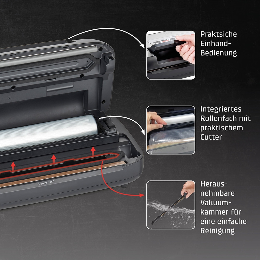 Vakuumiergerät mit praktischer Bedienung, Rollenfach und einfacher Reinigung.