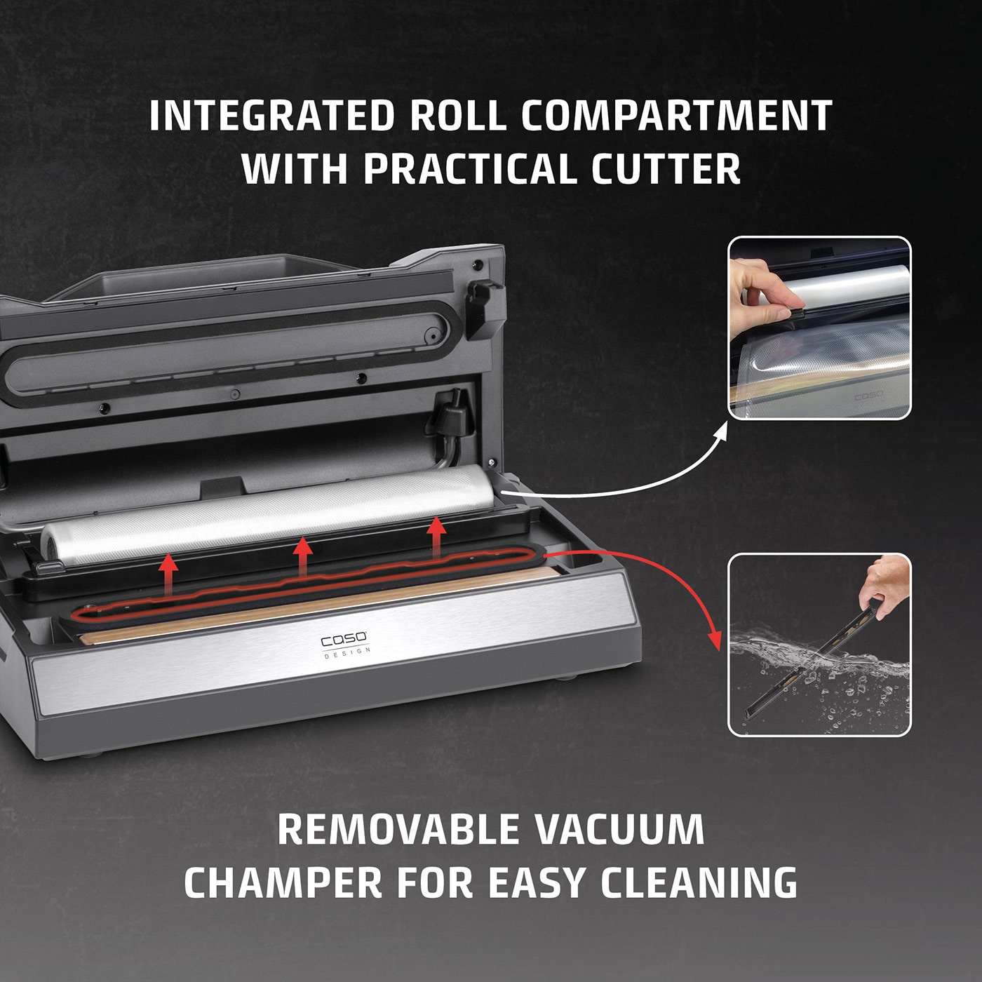 Vakuumiergerät mit Rollenfach und Cutter, herausnehmbare Vakuumkammer für einfache Reinigung