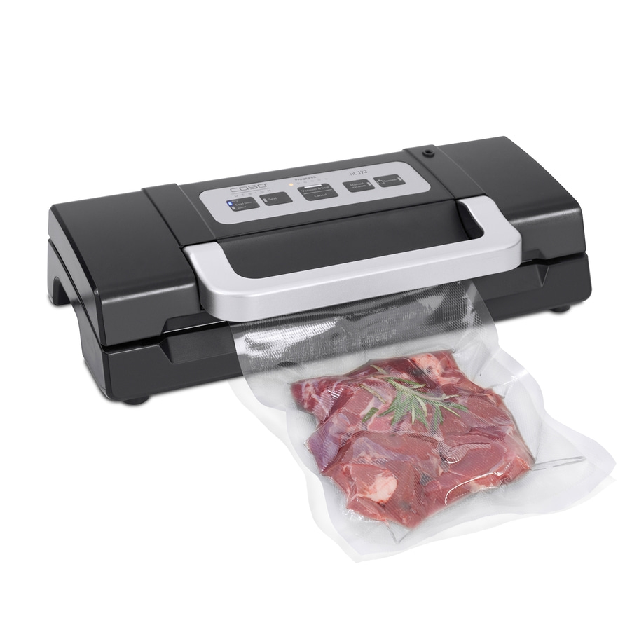 Vakuumiergerät mit Fleisch in einer Tüte. Schwarz und silber. Caso Design.