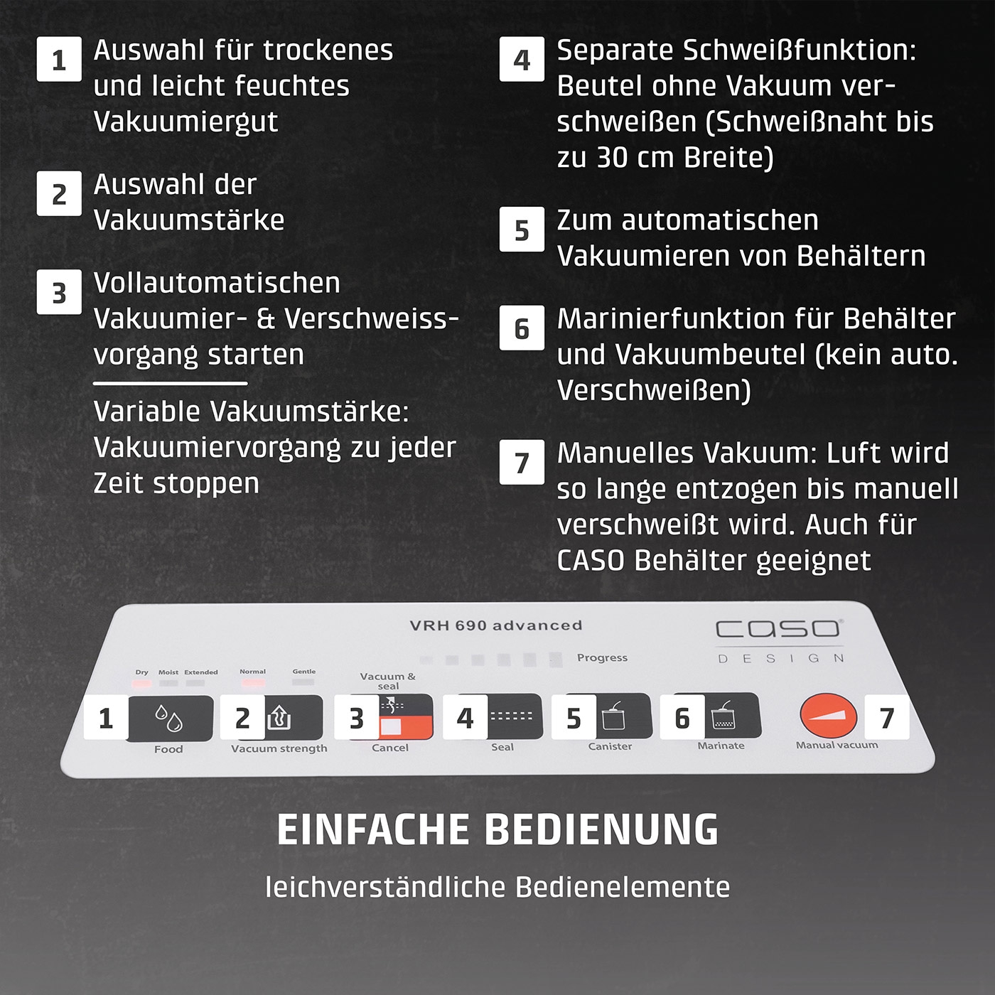 Vakuumiergerät mit Funktionen: Trocken, Vakuumstärke, Automatik, Schweißen, Behälter, Marinieren, Manuell.