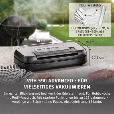 Vakuumiergerät mit Zubehör, Abmessungen, Text, Edelstahlfront, Hobbyköche, Vakuumieren, 12 l/min