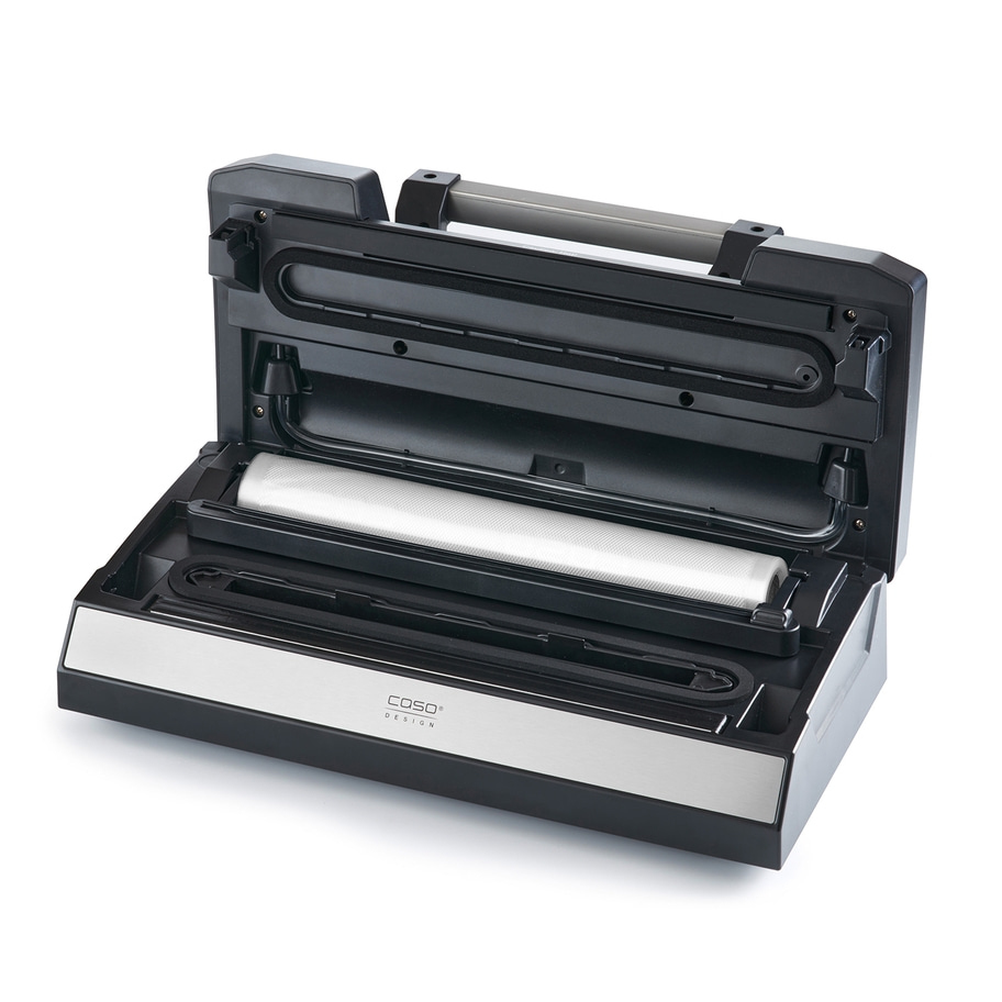 Vakuumiergerät, geöffnet, mit Rolle, schwarz und silber, Caso Design