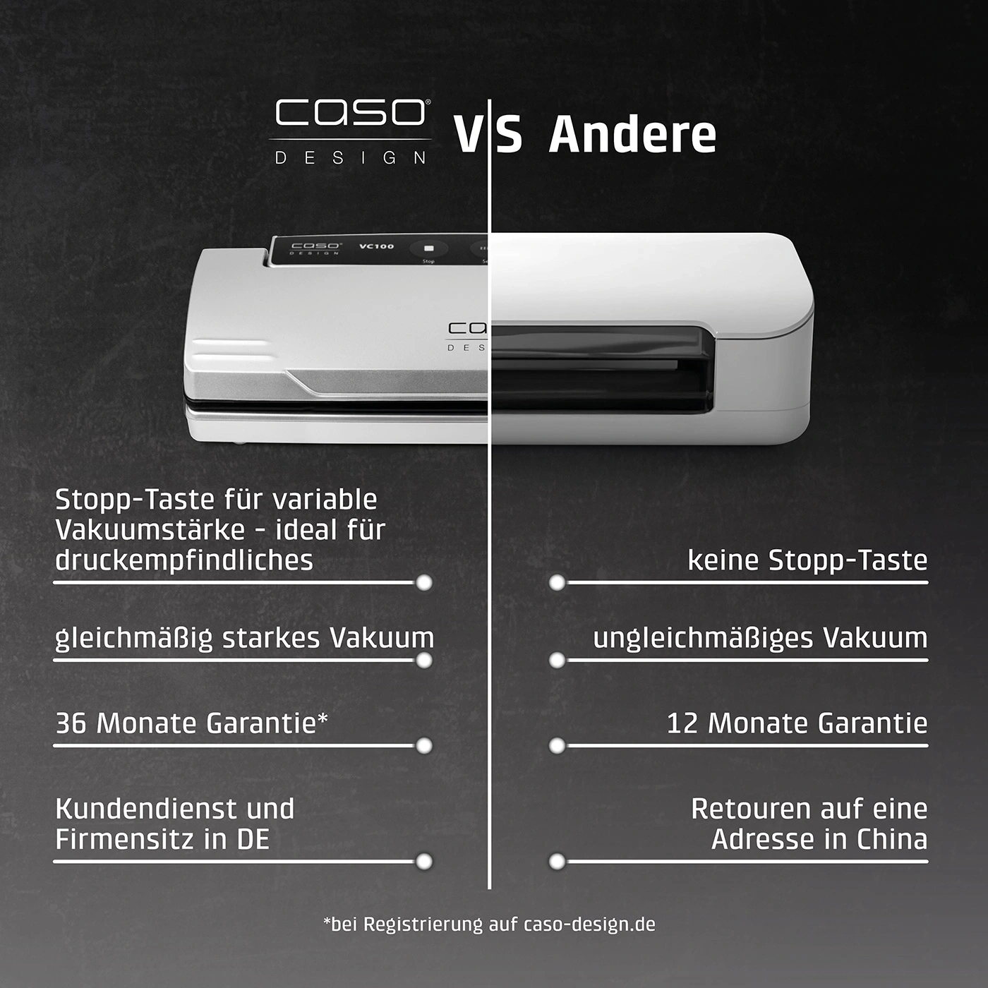 Vergleich Caso Vakuumierer mit anderen: Stopp-Taste, Garantie, Kundendienst, Retouren.