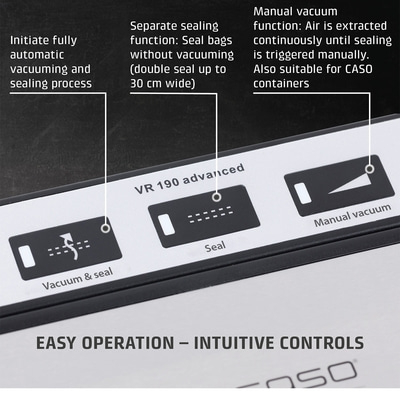 Vakuumiergerät mit Funktionen: Vakuum & Siegel, Siegel, manuelles Vakuum. Einfache Bedienung.