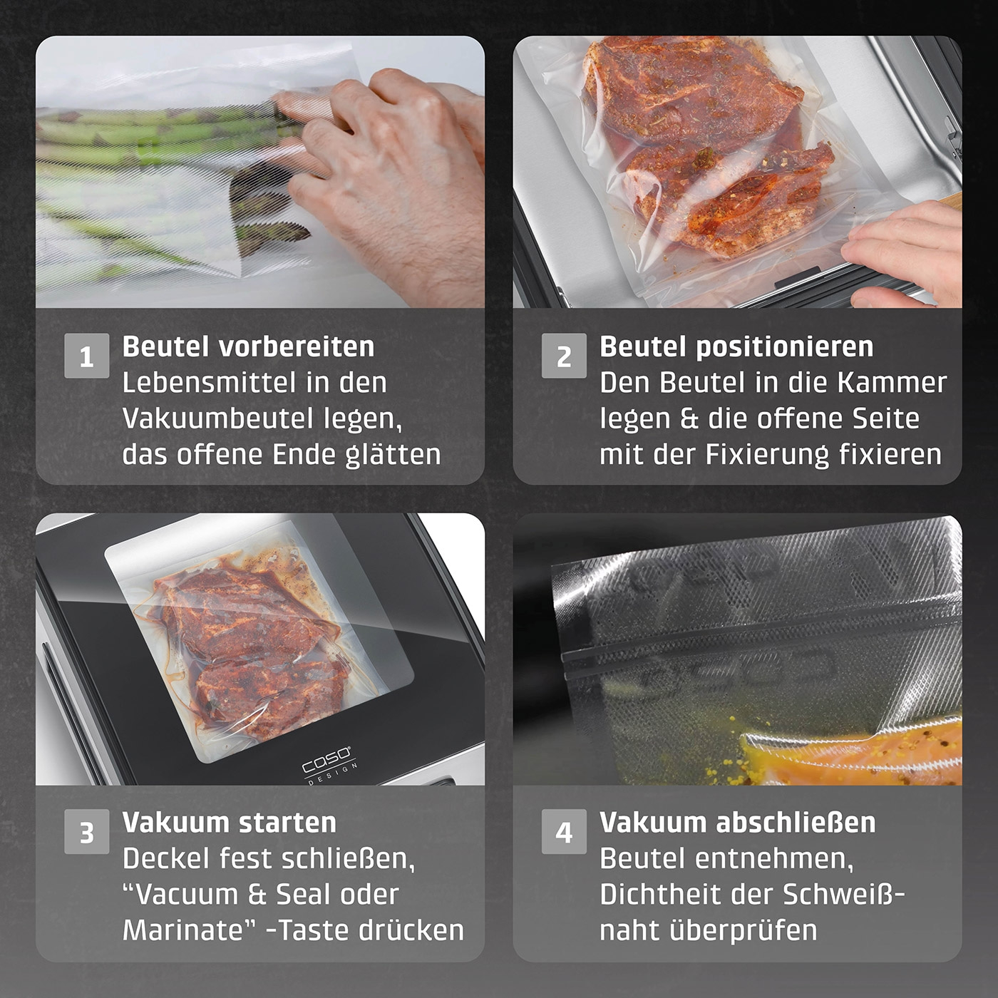 Vakuumierprozess: Lebensmittel in Beutel, positionieren, Vakuum starten, abschließen.