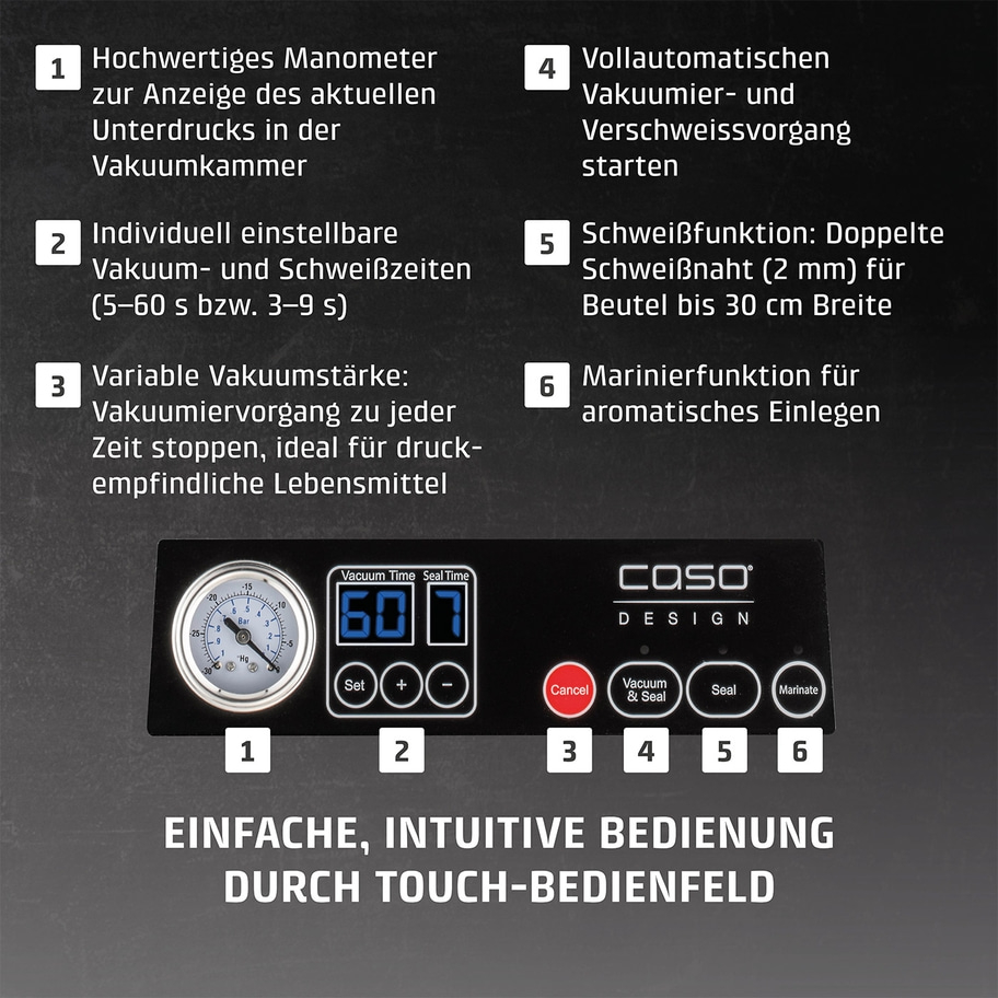 Vakuumiergerät mit Funktionen wie Manometer, einstellbaren Zeiten und Marinierfunktion.