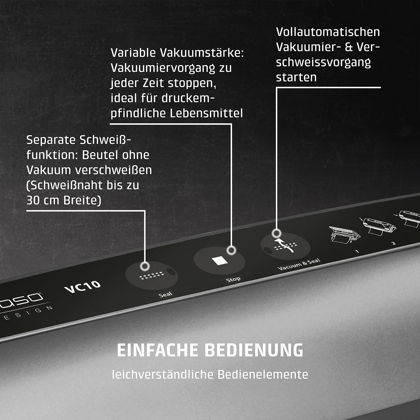 Vakuumiergerät mit Funktionen: Vakuum, Schweißen, Stopp, einfache Bedienung.