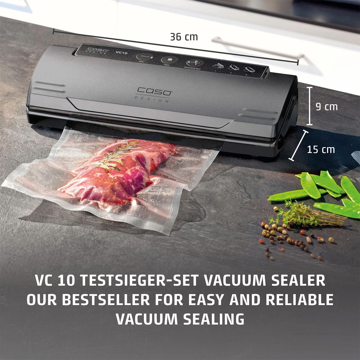 Vakuumierer VC 10, 36 cm lang, 9 cm hoch, 15 cm breit, mit Fleisch und Gemüse.