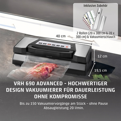 Vakuumierer mit Zubehör, Abmessungen und Text. Hochwertiges Design für Dauerleistung.