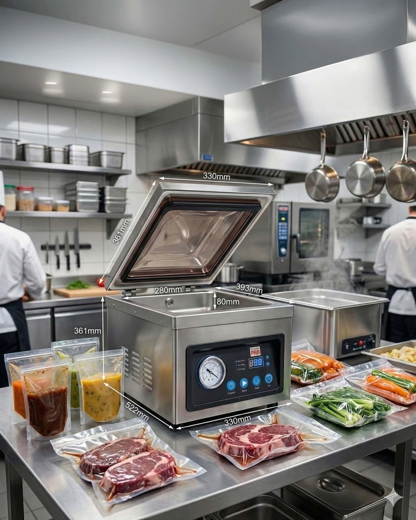 Vakuumiergerät in einer professionellen Küche mit Fleisch und Gemüse.