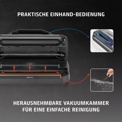 Vakuumiergerät mit praktischer Einhandbedienung und herausnehmbarer Vakuumkammer für einfache Reinigung.