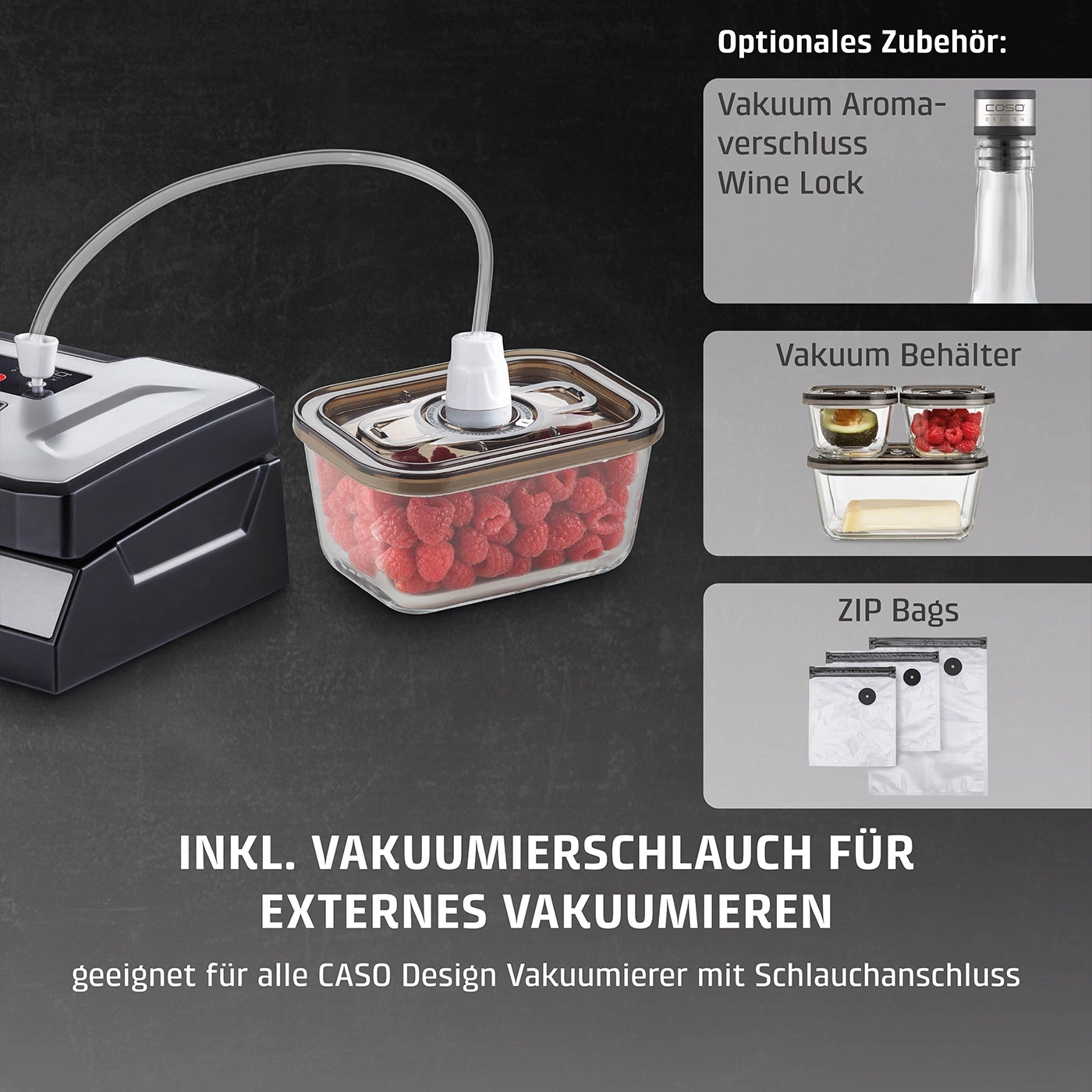Vakuumierer mit Zubehör: Vakuum Aromaverschluss, Behälter, ZIP Bags.