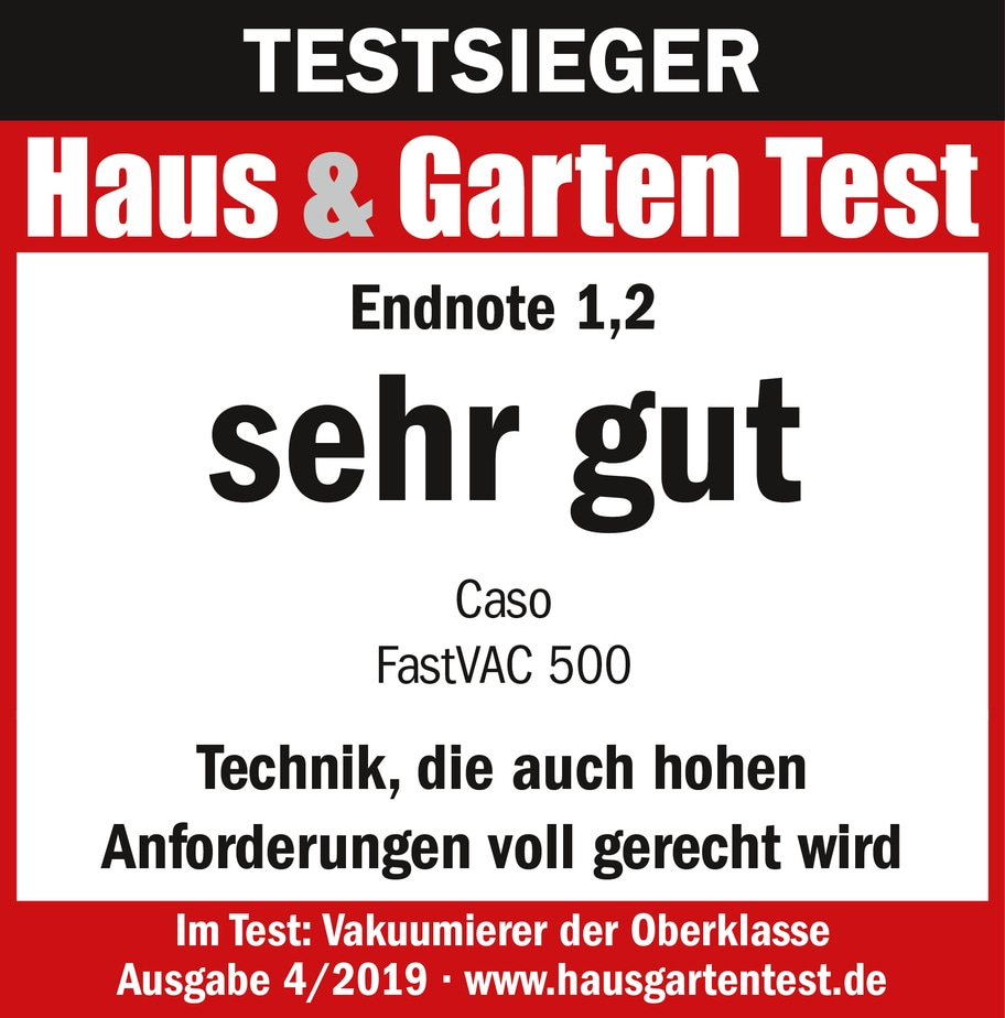 Testsieger Haus & Garten Test, Endnote 1,2, sehr gut, Caso FastVAC 500, Vakuumierer