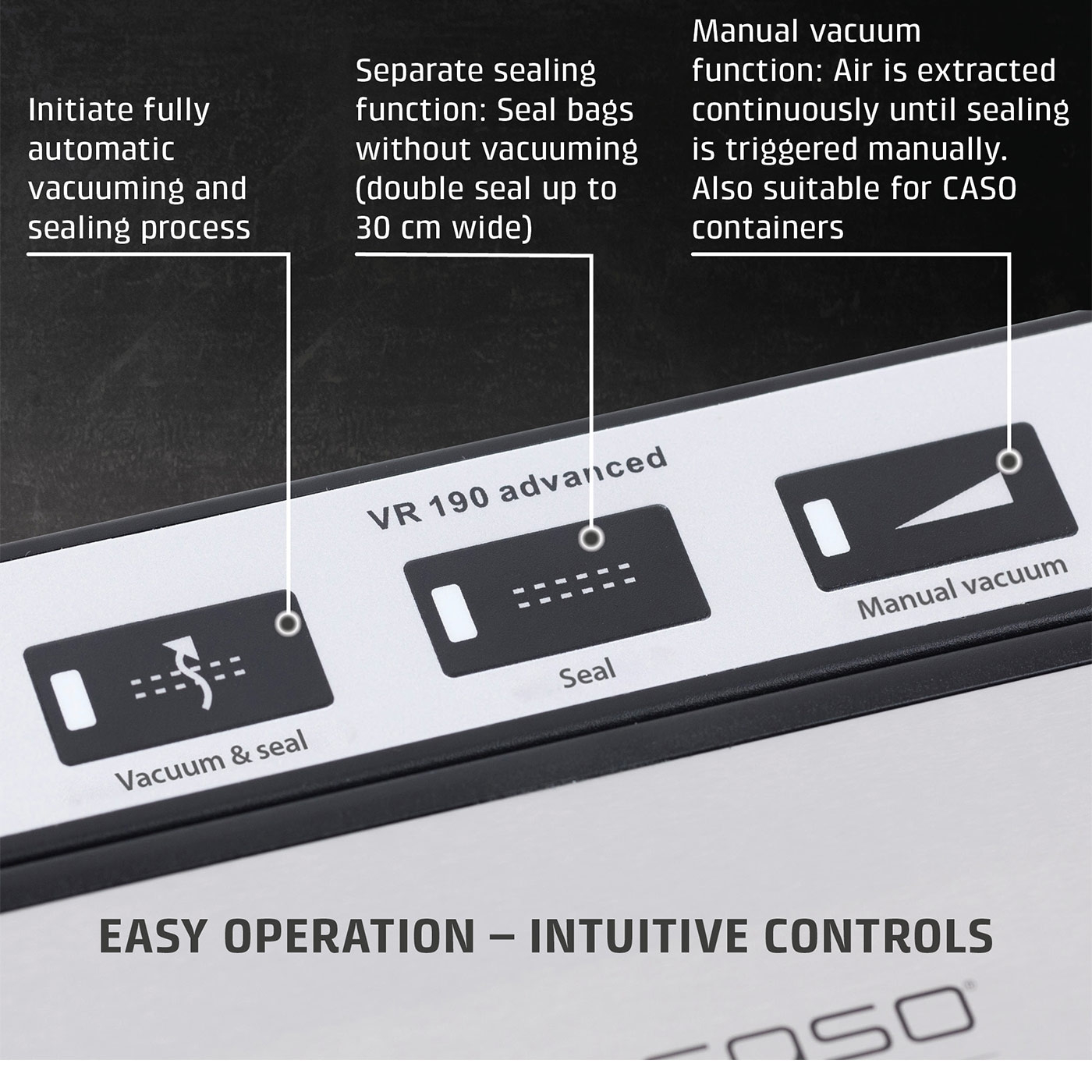 Vakuumiergerät mit Funktionen: Vakuum & Siegel, Siegel, manuelles Vakuum. Einfache Bedienung.