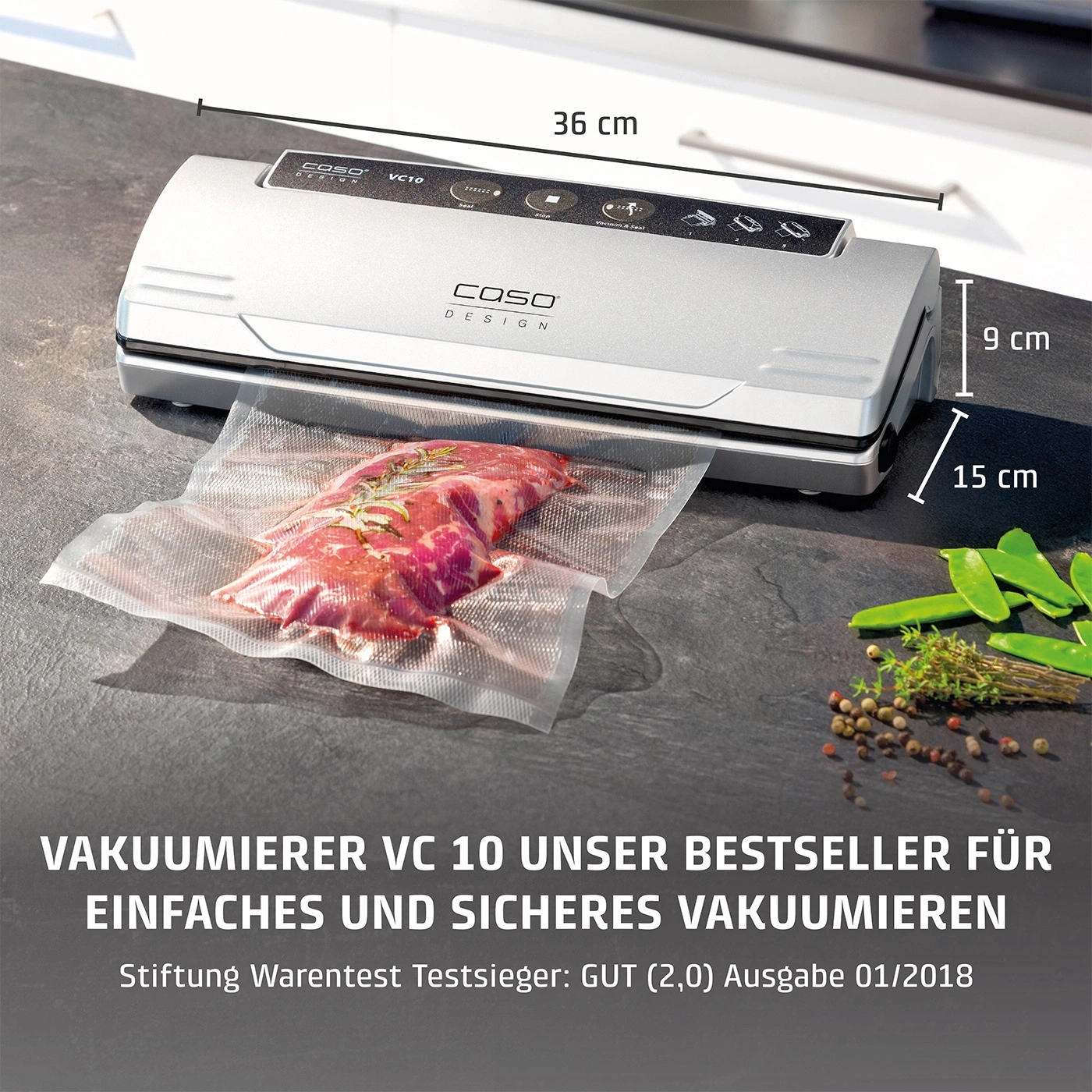 Vakuumierer VC 10, 36 cm lang, 9 cm hoch, 15 cm breit, mit Fleischbeutel.