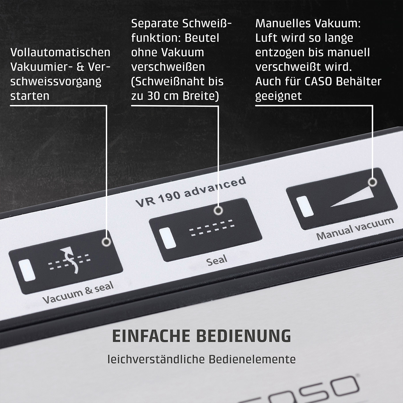Vakuumiergerät mit Funktionen: Vakuum & Siegel, Siegel, manuelles Vakuum. Einfache Bedienung.