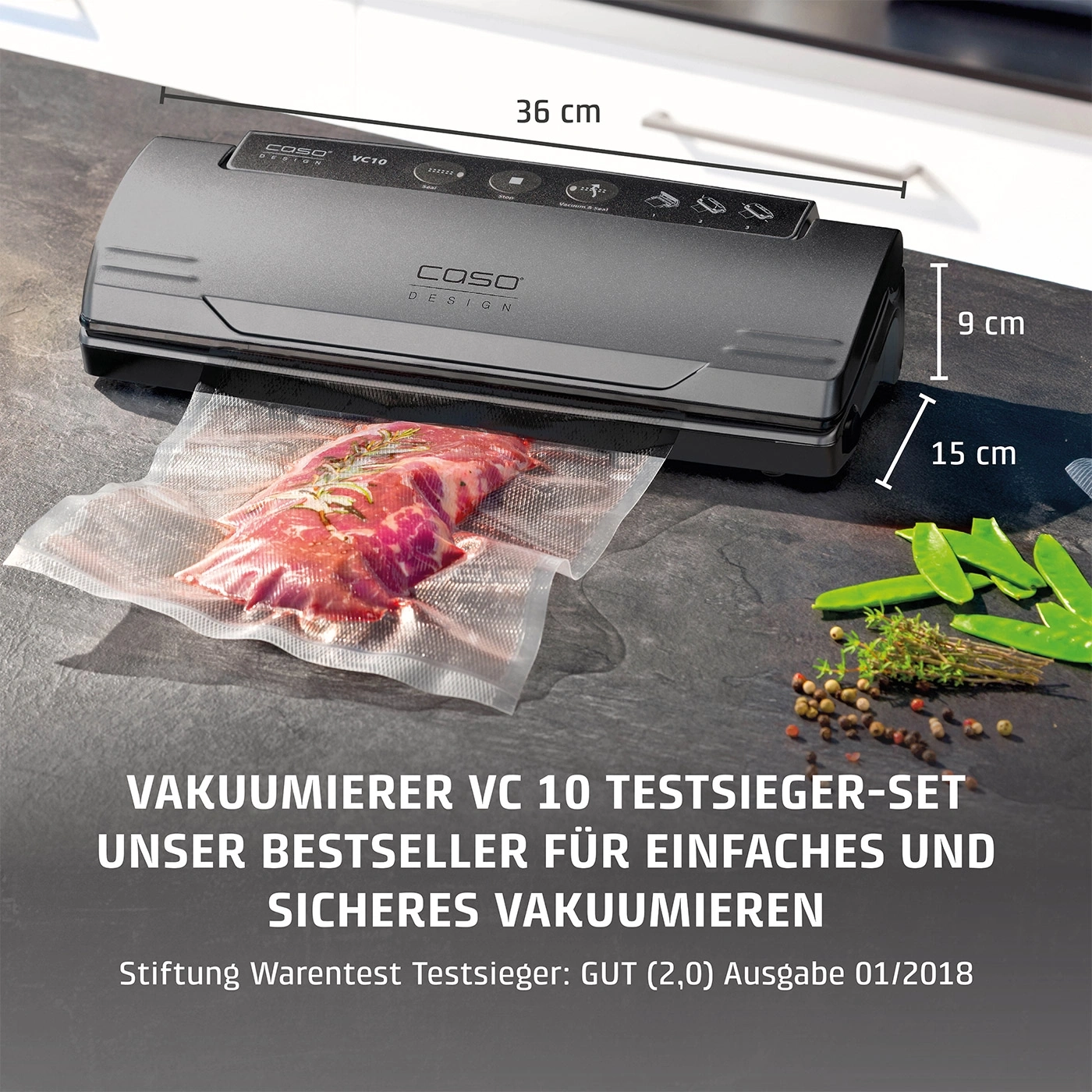 Vakuumierer VC 10, 36 cm lang, 9 cm hoch, 15 cm breit, mit Fleisch und Gemüse.