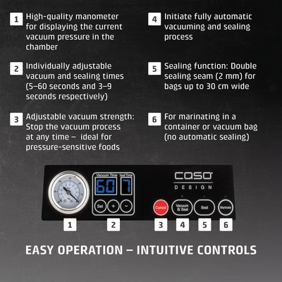 Vakuumiergerät mit Funktionen wie Manometer, einstellbaren Zeiten und Marinierfunktion.