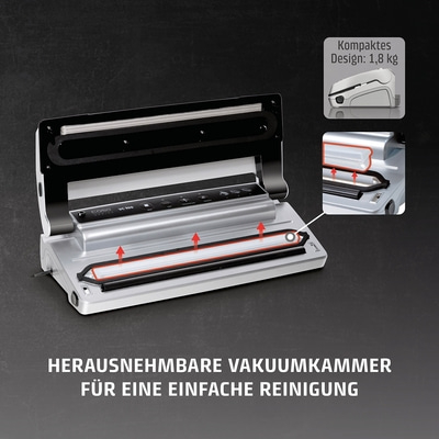 Vakuumiergerät mit herausnehmbarer Vakuumkammer für einfache Reinigung und kompaktem Design.