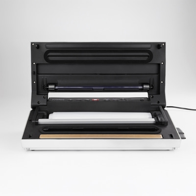 Vakuumiergerät, geöffnet, mit schwarzem Deckel und weißem Gehäuse, Detailaufnahme