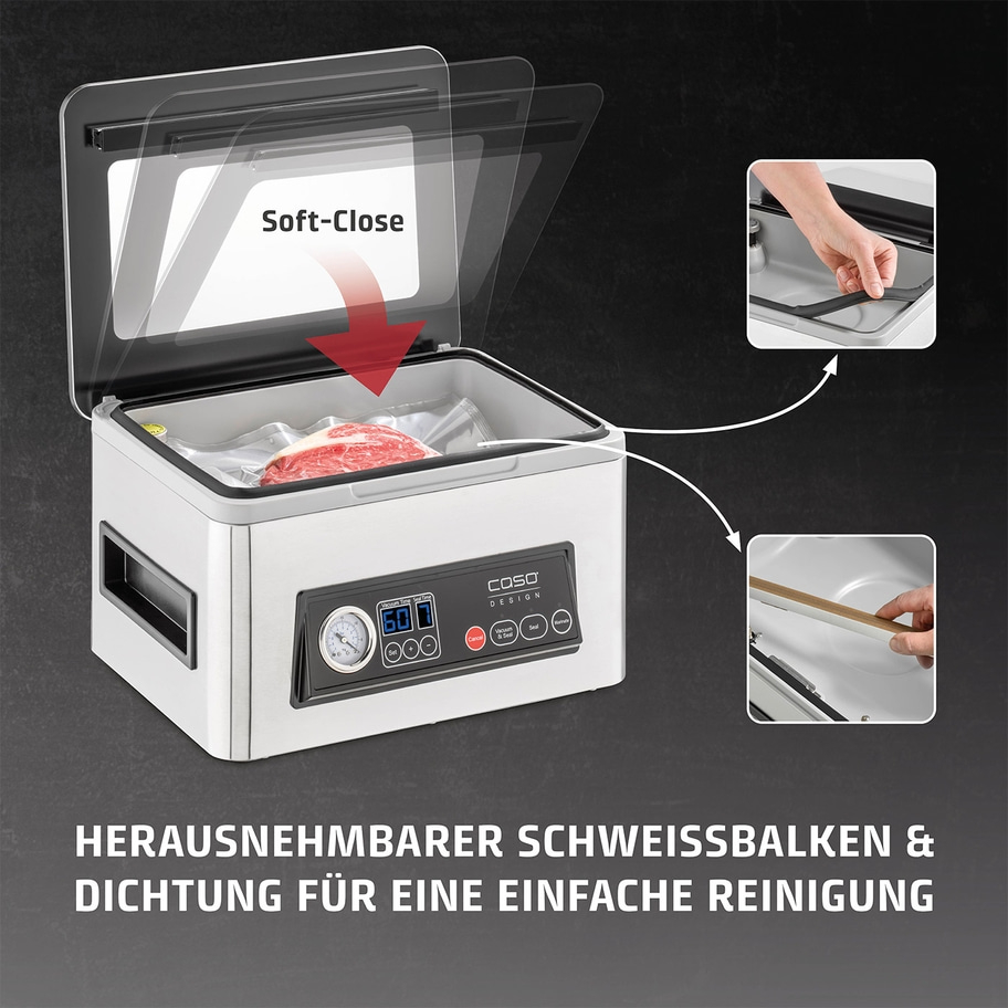 Vakuumierer mit Soft-Close-Funktion, herausnehmbarem Schweißbalken und Dichtung für einfache Reinigung.