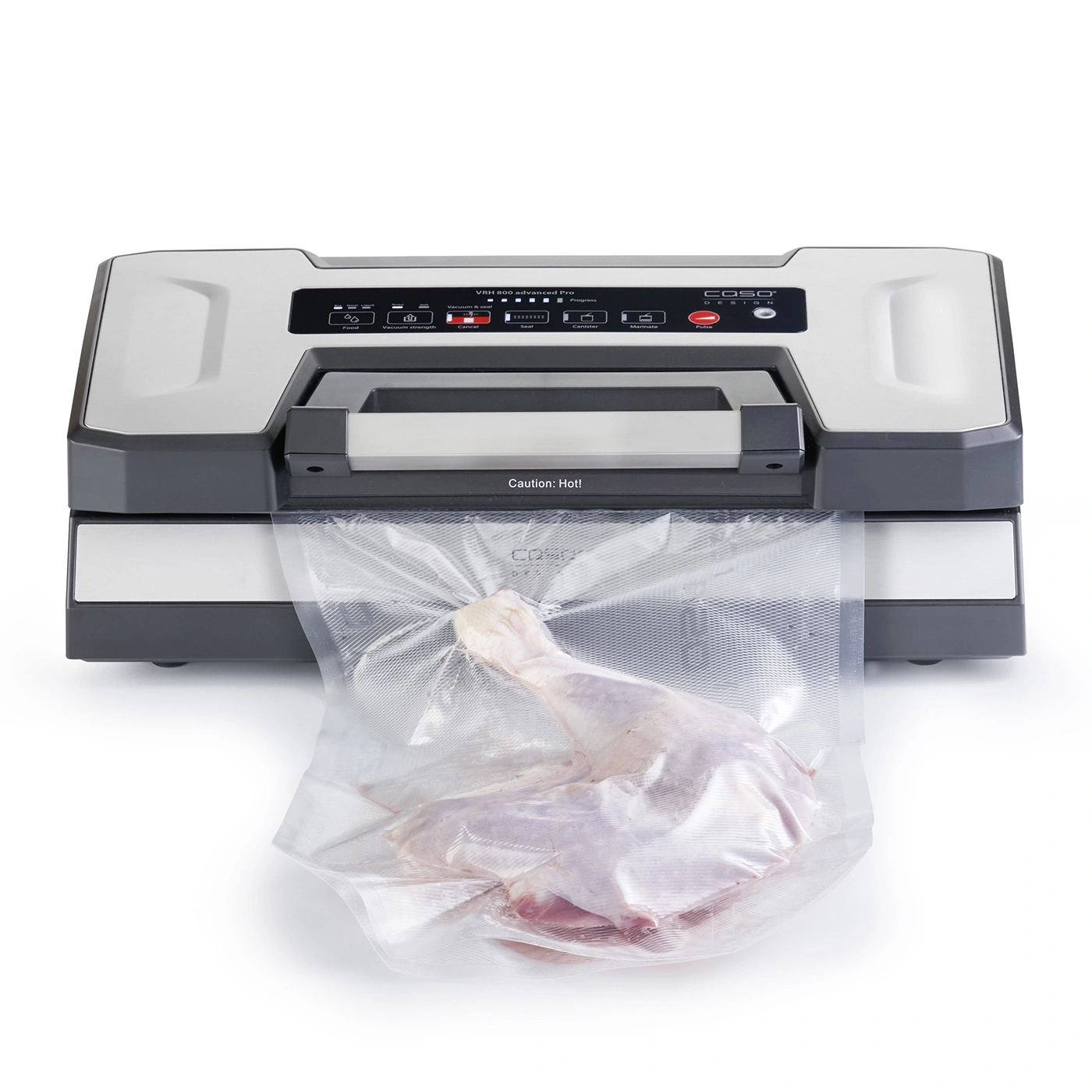 Vakuumiergerät mit Fleisch in Plastikbeutel, bereit zum Vakuumieren.