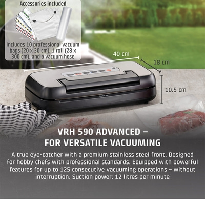 Vakuumiergerät mit Zubehör, Abmessungen, Text, Edelstahlfront, Hobbyköche, Vakuumieren, 12 l/min