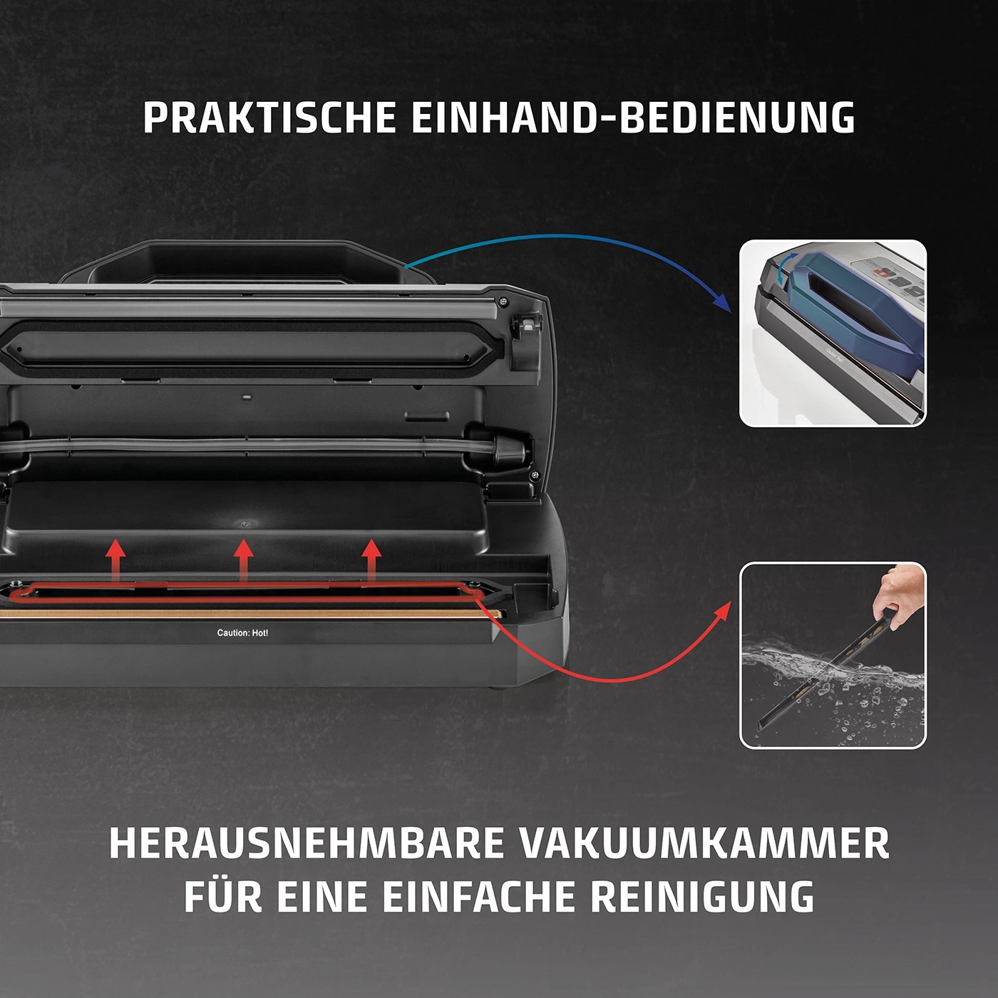 Vakuumiergerät mit praktischer Einhandbedienung und herausnehmbarer Vakuumkammer für einfache Reinigung.