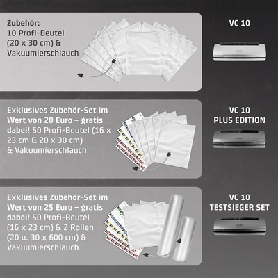 Vakuumierer-Zubehör-Sets: VC 10, Plus Edition, Testsieger Set mit Beuteln und Schläuchen