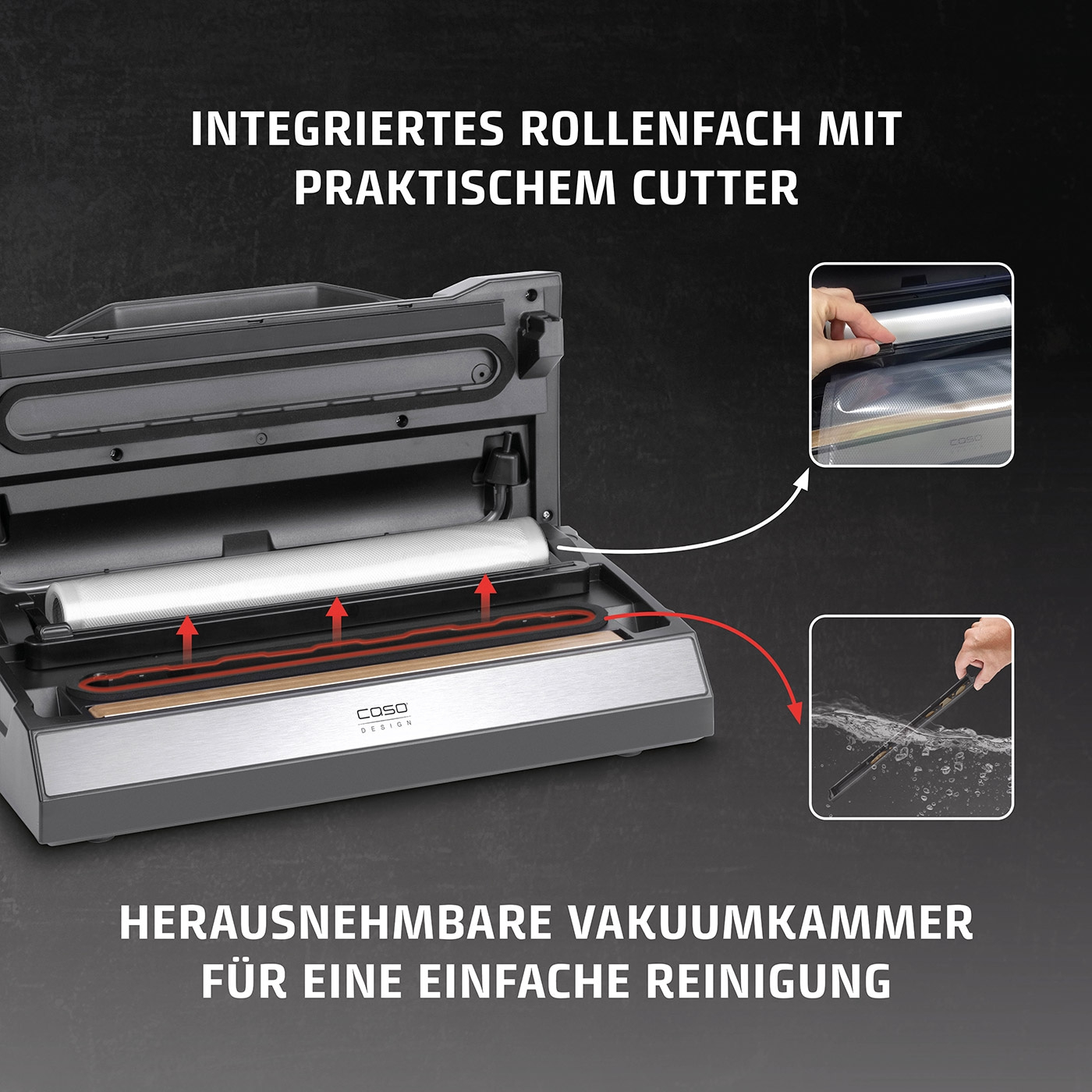 Vakuumiergerät mit Rollenfach und Cutter, herausnehmbare Vakuumkammer für einfache Reinigung