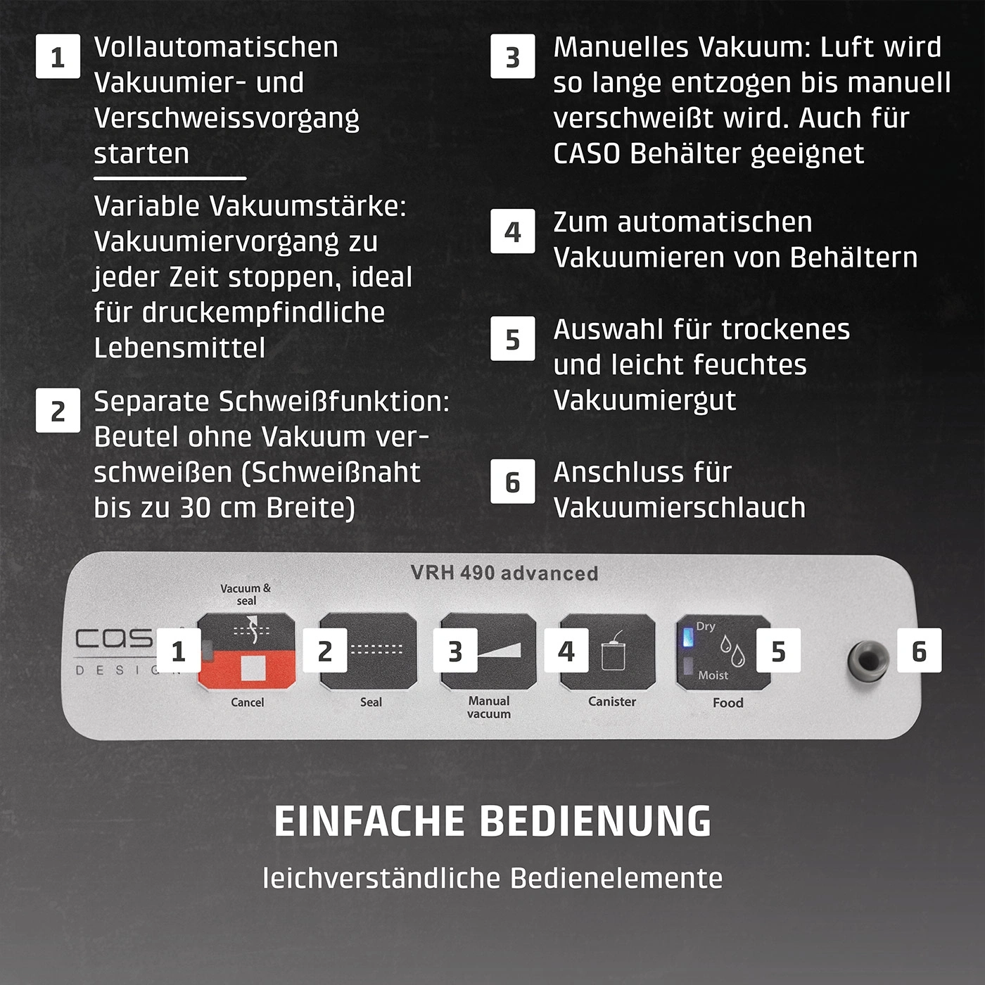 Vakuumiergerät mit Funktionen: Vakuum, Versiegelung, manuell, Behälter, trocken/feucht.