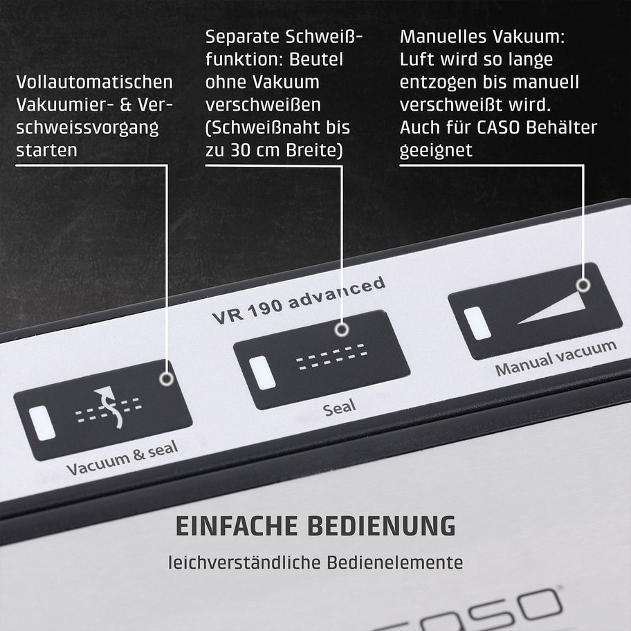 Vakuumiergerät mit Funktionen: Vakuum & Siegel, Siegel, manuelles Vakuum. Einfache Bedienung.