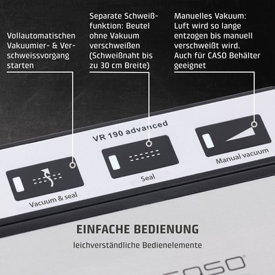 Vakuumiergerät mit Funktionen: Vakuum & Siegel, Siegel, manuelles Vakuum. Einfache Bedienung.