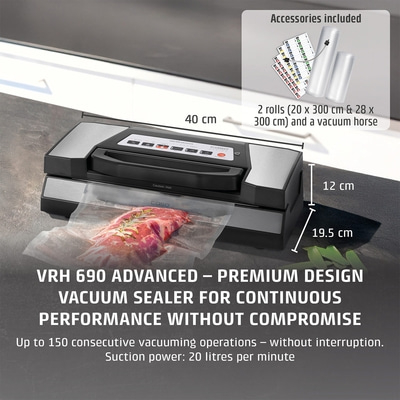 Vacuum sealer with accessories, dimensions, and text. High-quality design for long-term performance.