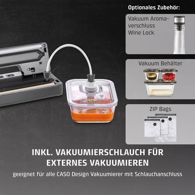 Vakuumierer mit Zubehör: Vakuum-Aromaverschluss, Vakuumbehälter, ZIP-Beutel.