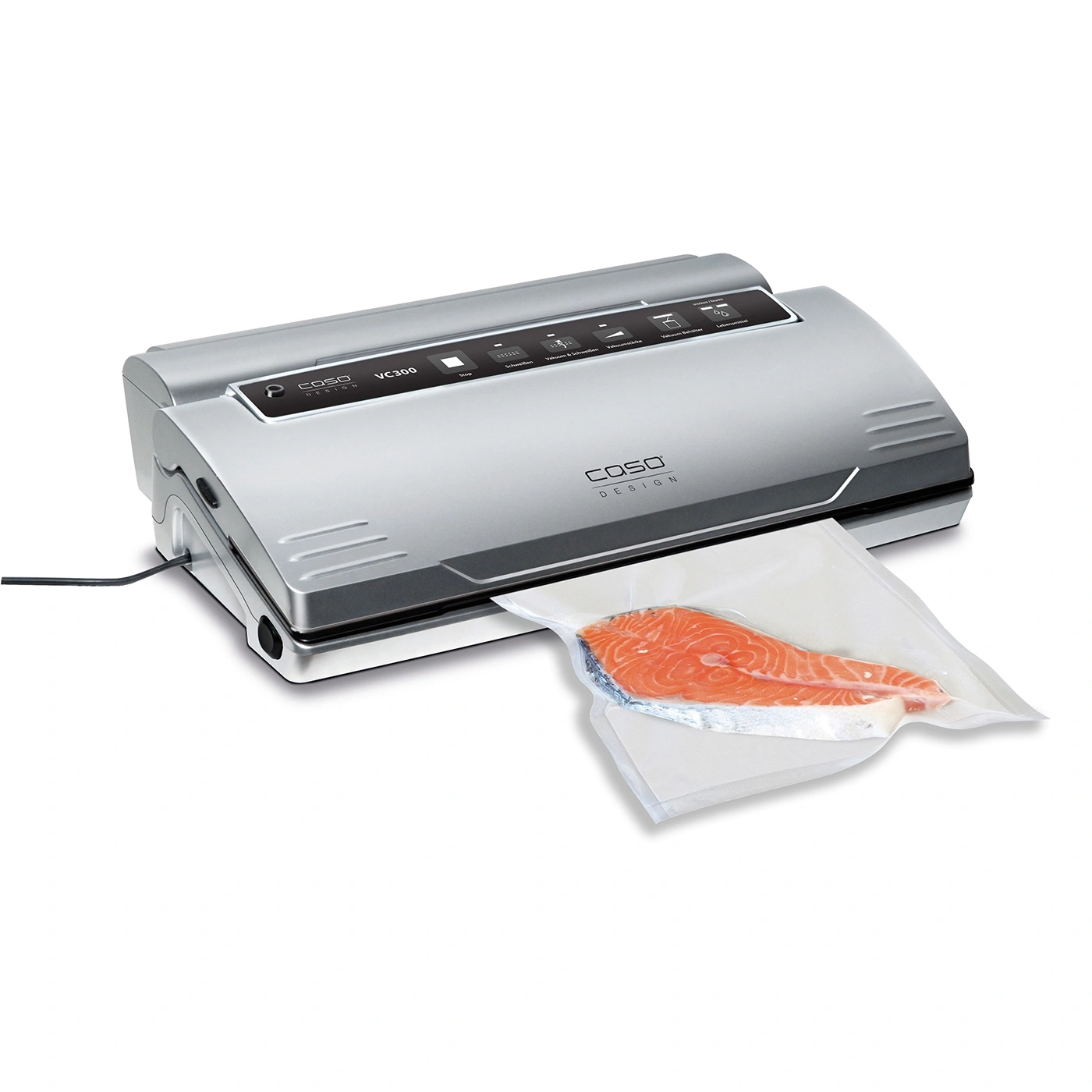 Vakuumiergerät mit Lachs in einer Tüte, silberfarben, Caso Design VC300