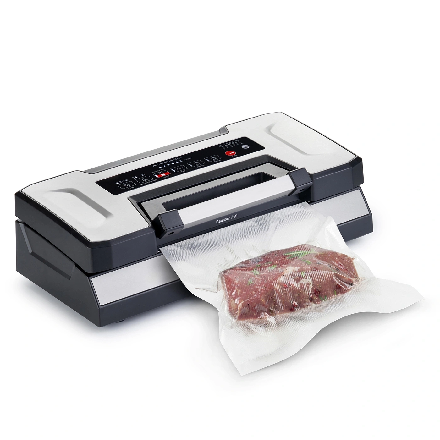Vakuumiergerät mit Fleisch in einer Tüte, bereit zum Vakuumieren.