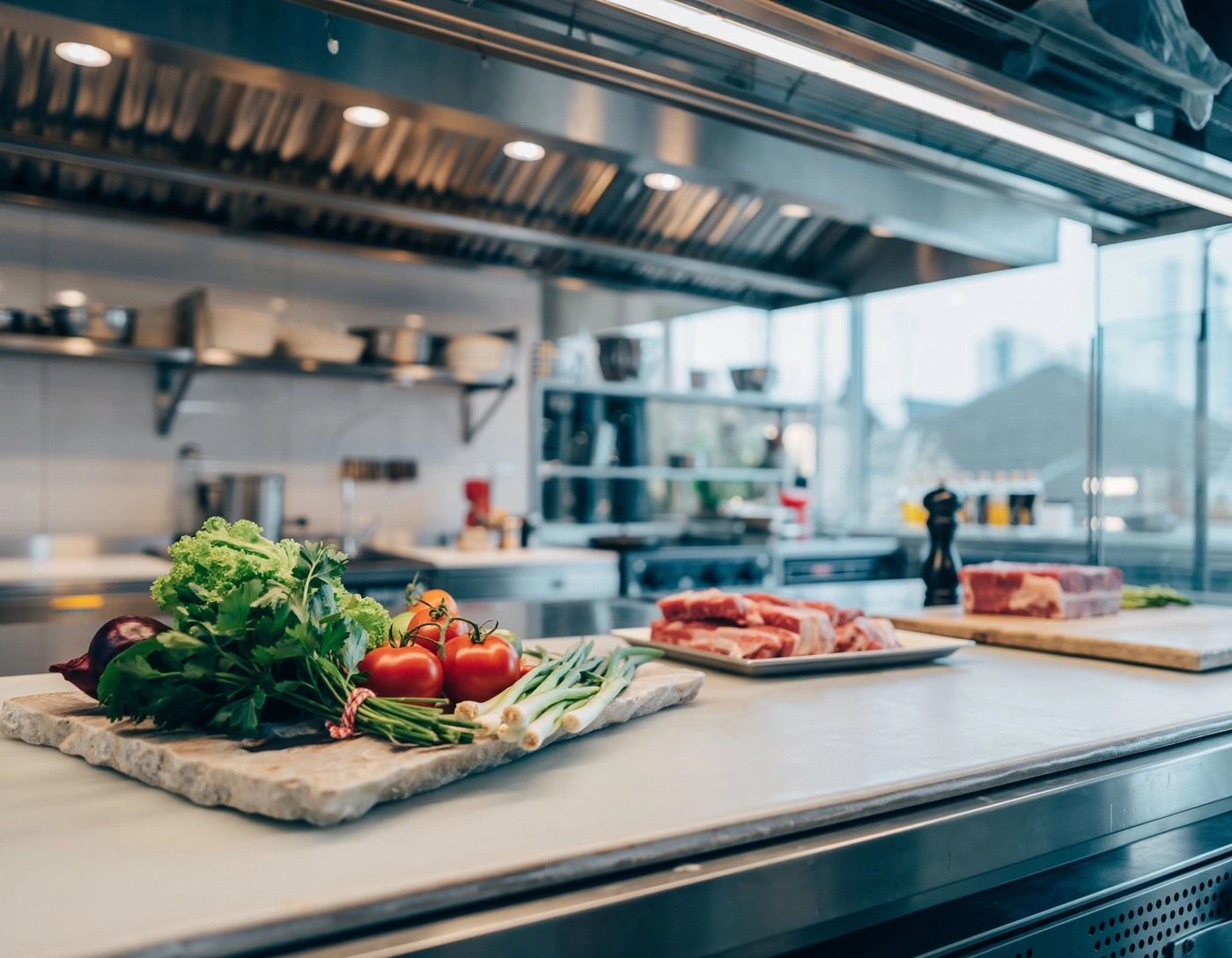 Frische Zutaten und rohes Fleisch in einer professionellen Küche.