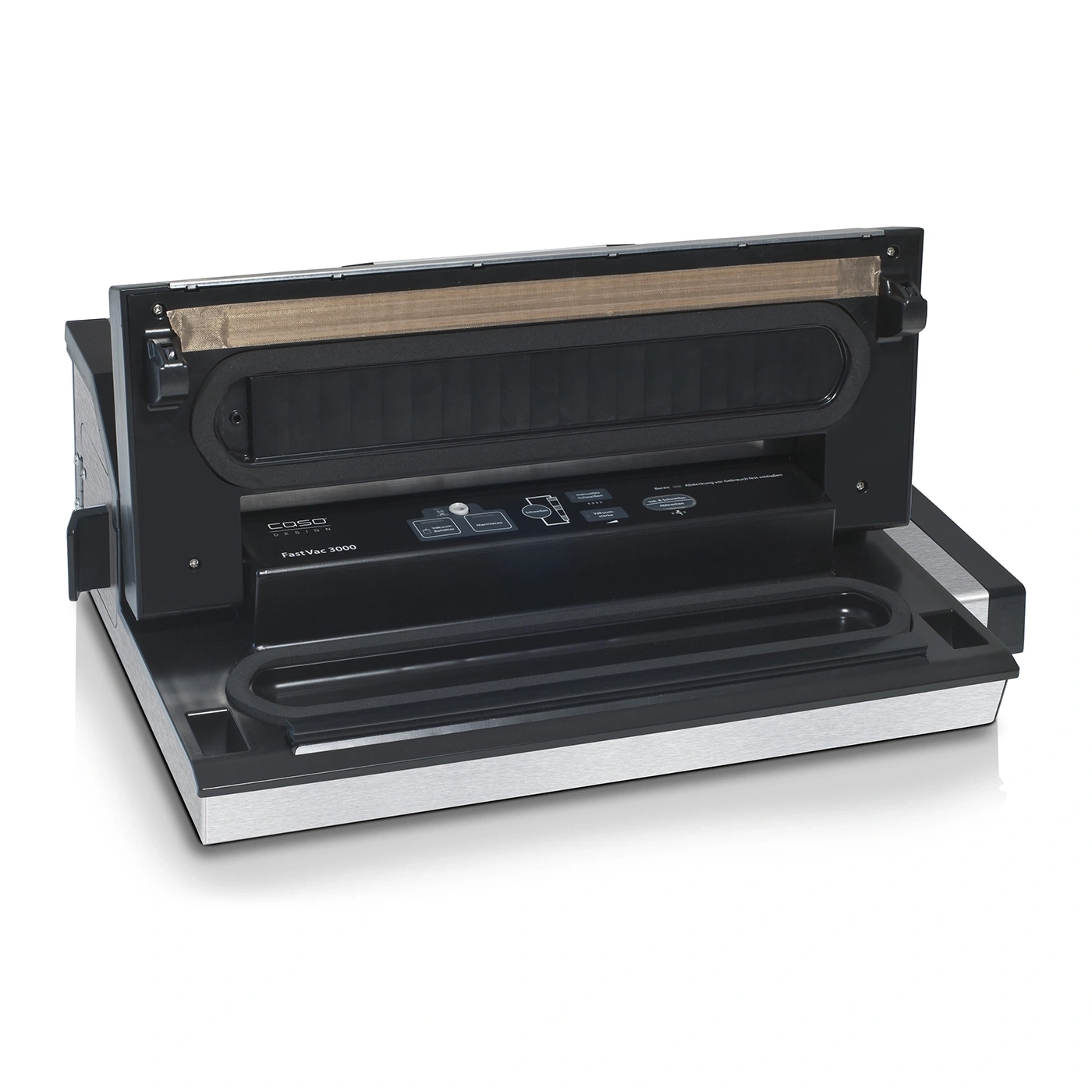 Vakuumiergerät Caso Design FastVac 3000, schwarz, silber, geöffnet, Detailaufnahme